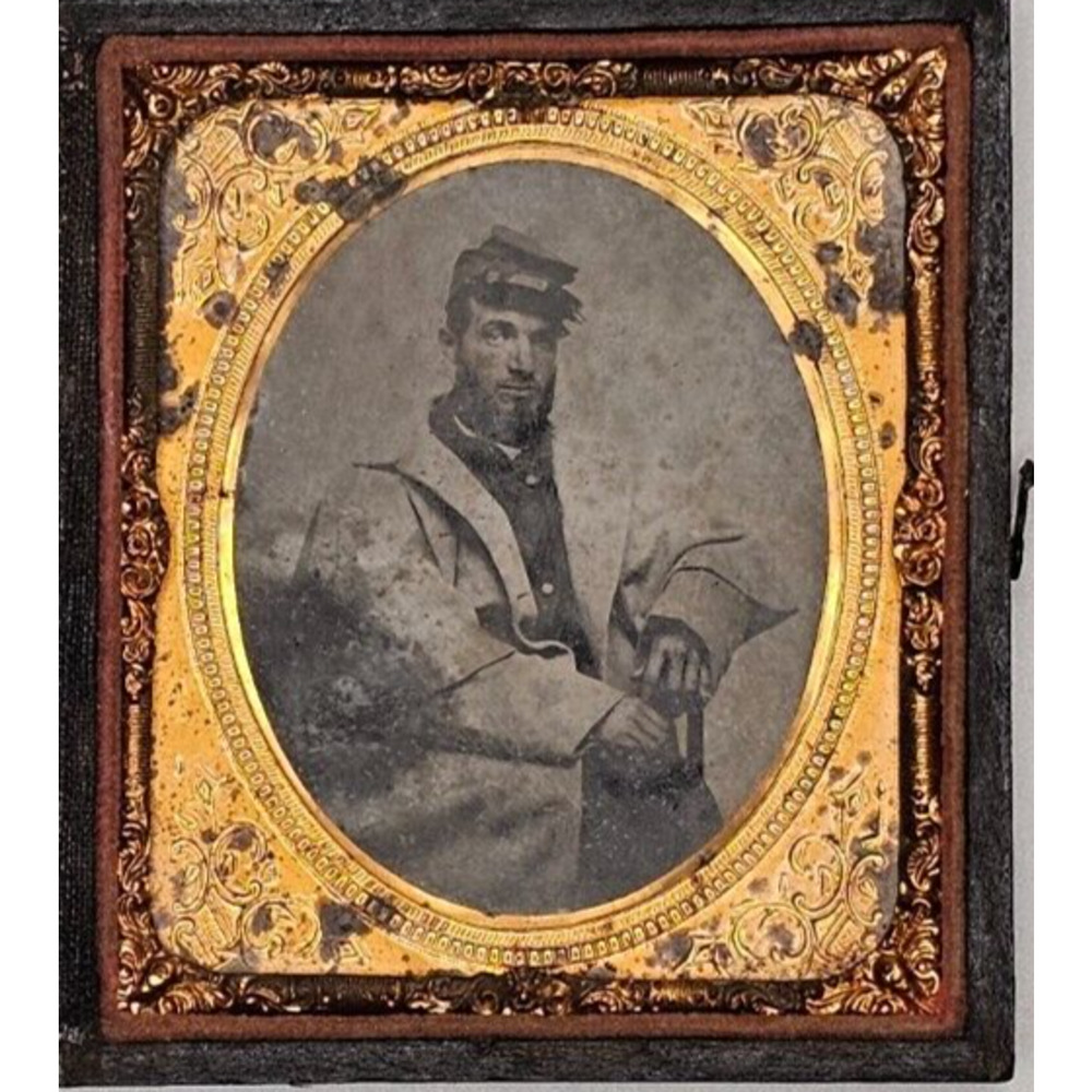 1/6th Tintype Of A Man In Union Uniform Wearing Confederate Coat In A Union Case